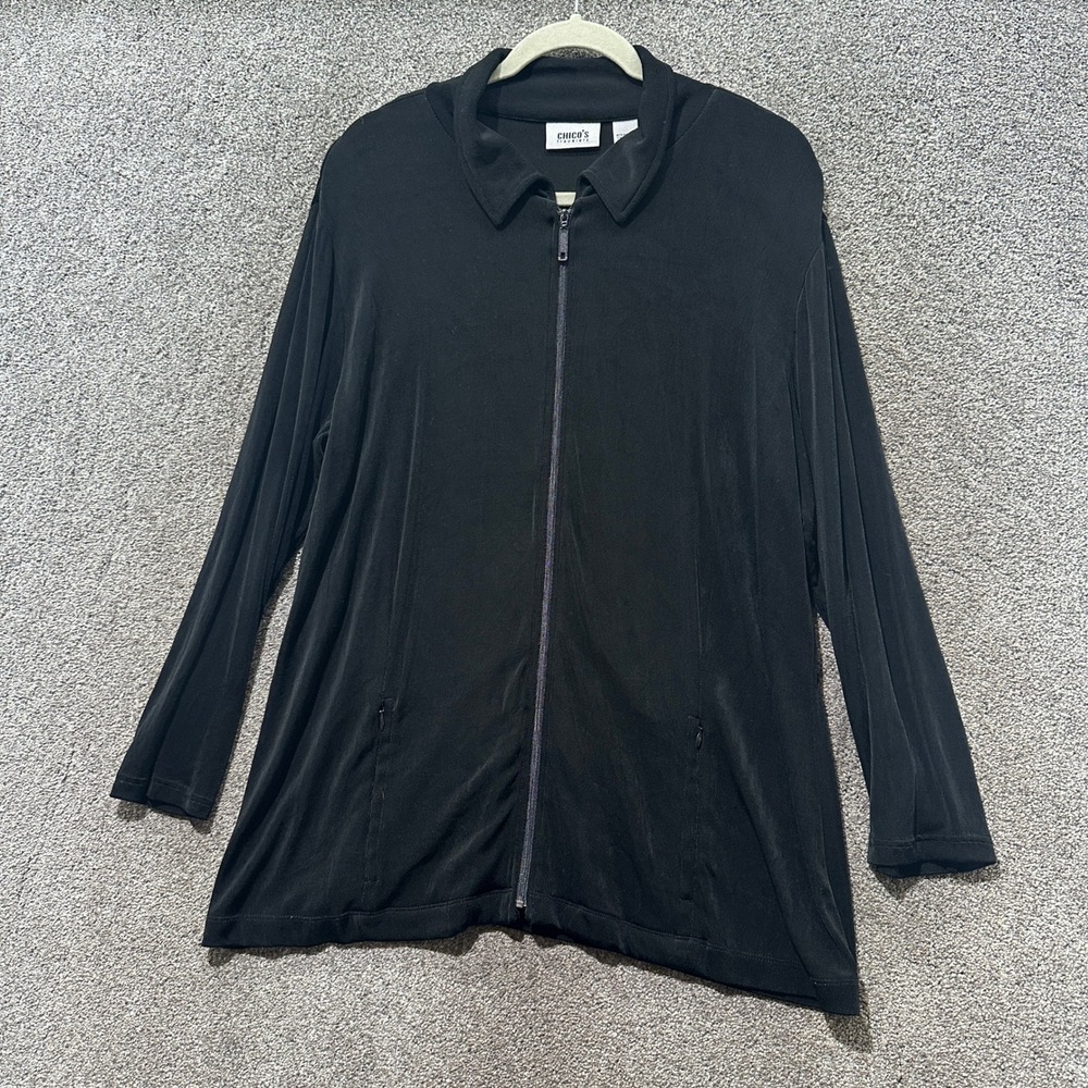 Chicos Travelers Black Full Zip Collared Jacket Cardigan Size 3 (XL/16) USA Made
